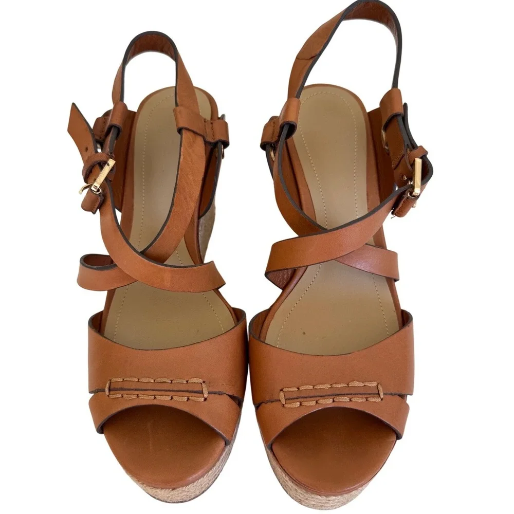 Massimo Dutti Leather Espadrille Wedge Sandals Women 6.5 Tan Coastal Resort